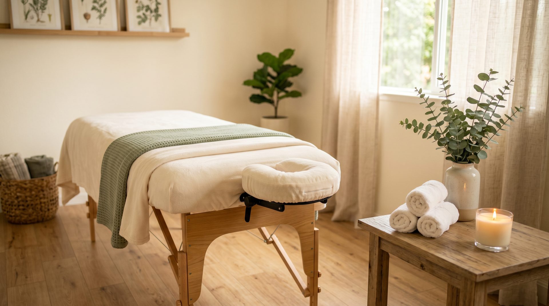 Serene massage treatment room at Kindermann Massage in Folsom with cream linens and sage green accents