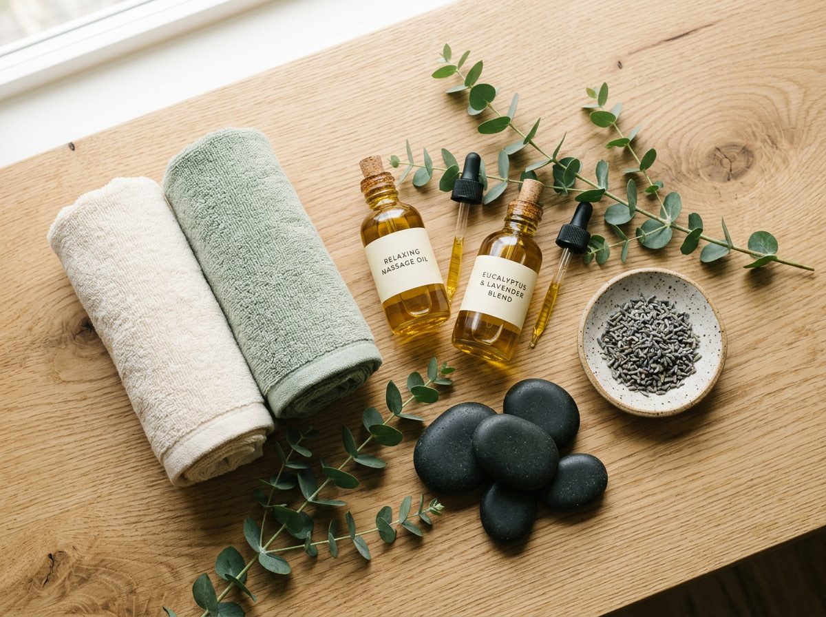 Massage oils, eucalyptus and rolled towels at Kindermann Massage